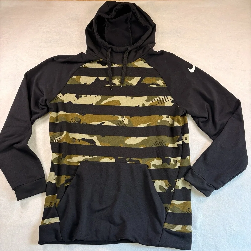 Nike Dri-FIT Black Camo Pullover Hoodie Sweatshirt Mens Large Swoosh Athletic